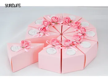 50stk Pink / Blue Skræddersyede Trekantede Kage Stil Bryllup Favoriserer Slik Kasser Parti Papir gaveæske Med Satin Blomst Tags Bånd