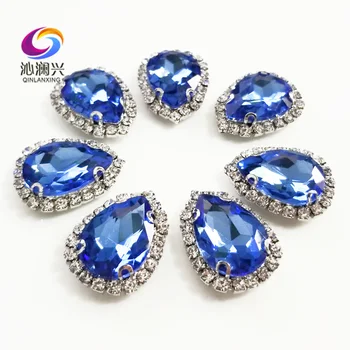 Top kvalitet Silver bunden Glas Krystal spænde,Lys blå Dråbe form sy på rhinestones med huller,Diy/bryllup dekoration