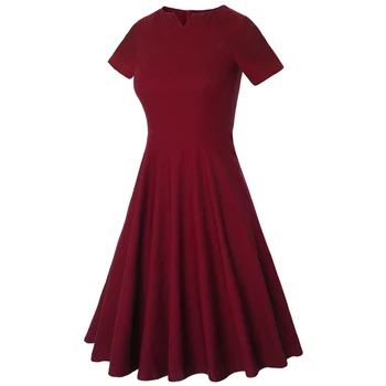 MISSJOY Elegante Damer Sommeren V-Hals, korte ærmer A-linje, fest kjoler Kvinder, Rockabilly Vintage 50'erne Vin Rød knælang kjole