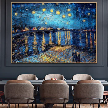Van Goghs Berømte Maleri Reproduktion På Lærred Stjerneklar Nat, Over Rhone Plakater Og Prints Impressionistiske Væg Kunst, Indretning Billede