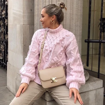 Ardm Za 2020 Kvinder Mode Med Pompoms Løs Strikket Sweater Vintage Høj Hals Pink Vinter Twist Trække Kvindelige Pullovere Smarte Top