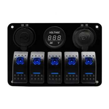 1 stk 12V Auto 5 Bande Blå LED Rocker Switch Panel Bil, Båd USB Charge LCD-Voltmeter til cigarettænderen Med 120 Decals