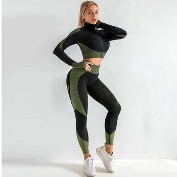 2stk Problemfri Yoga-Sæt Kvinder, der Kører Sport, der Passer Høj Talje Fitnesscenter Leggings med Lange Ærmer Zip-Yoga-Shirts Fitness-Træning Træningsdragt