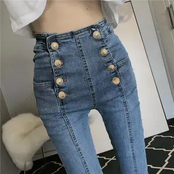 Kvinder Plus Size Denim Jeans Forår og Efterår koreanske High Waist Stretch Blyant Jeans Elastisk Tynde Dobbelt Bottons Bukser A02
