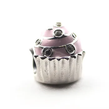 Passer Europæisk Charme Armbånd af 925 Sterling Sølv Charms Perler Søde Cupcake Med Pink Emalje og Klare CZ DIY Smykker Til Kvinder