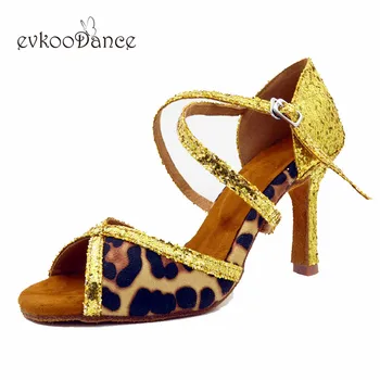 Evkoodance dansesko Størrelse OS 4-12 Shoes De Baile leopard nubuck med golden glitter Professionel 8.3 cm hæl højde Evkoo-578