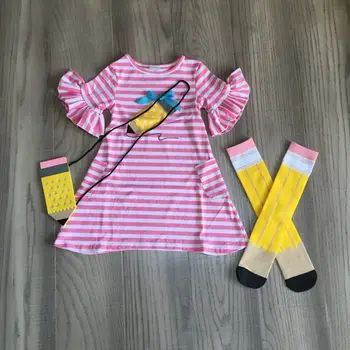 Baby piger tilbage til skolen dress studerende udstyr piger stribe pink kjole med blyant print blyant i tasken ,strømpe