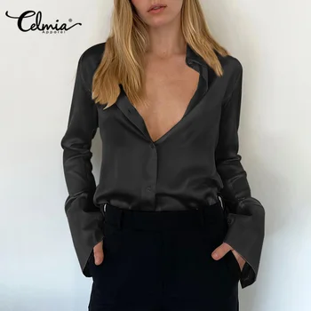 Celmia Office-Shirt Kvinder, Mode Bluser Med Lange Ærmer Foråret Solid Farve Revers Shirts Plus Size Løs Casual Blusas Satin Toppe