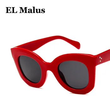 [EL Malus]Retro Cat Eye Ramme Kvinder Solbriller UV400 Tyk Rød Sort Spejl Nuancer Sol Briller Herre Designer Mode Kvindelige