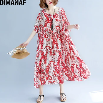DIMANAF Kvinder Sommer Kjole Plus Size Kvinde Elegant Dame Vestidos Print Blomster Røde Afslappet Oversize Holiday Beach Lange Kjoler