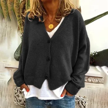 Løs Afslappet Langærmet V-Neck Strikket Sweater Kvinder 2020 Efterår Og Vinter Tøj Plus Size Cardigan Strik Trøjer Træk Femme Top