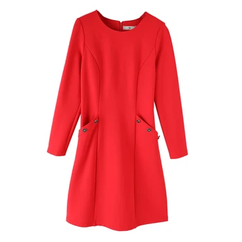 Vintage Rød kjole til kvinder foråret efteråret plus størrelse 4xl 5xl 6xl o-hals lange ærmer lige kontor damer kjoler med lommer