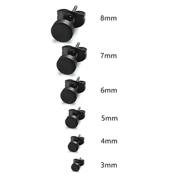 6 Par Kirurgisk Stål Oblate Øre Piercing Stud Øreringe med Størrelse 3mm 4mm 5mm 6mm 7mm 8mm for Mænd Øre Smykker Dekoration (Sort)