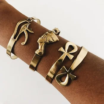 Guld Rustfrit Stål Åbne bangles For Kvinder, Gamle Symboler på Tværs af Farao Armbånd og Armringe Armbind Vintage Smykker