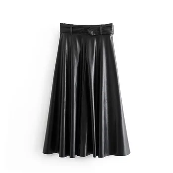Toppies sort imiteret læder nederdele kvinders lange nederdele med høj talje a-linje faldas bælte 2021 kvinder tøj