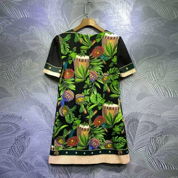 SEQINYY Sicilien Mini Kjole Sommer Forår Nye Mode Design til Kvinder Vintage Green Palm Leaf Print Perlebesat Høj Kvalitet