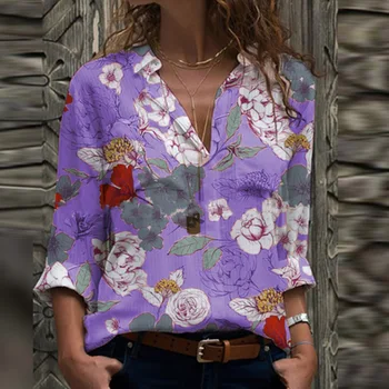 Kvinder Elegant Blomster Print V Hals Bluse Shirts 2020 Efteråret Afslappet Langærmet Trøjer Toppe Kontor Dame Sexet Plus Size Blusa