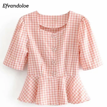 Efvandoloe Koreanske Pink Ternet Bluse Kvinder Elegant Kvadratisk Krave Tunika Ferie Sommer Damer Toppe 2019 Shirts