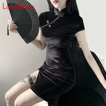 Vintage Black Dress Kvinder Cheongsam Kinesisk Stil Bodycon Sexet Mini Kjole Harajuku Grunge Egirl Y2k Gotiske Velvet Slids Kjole