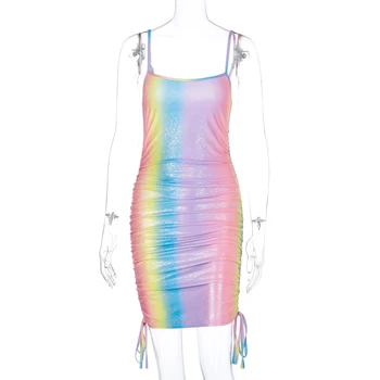 Hugcitar 2020 sleeveless shiny rainbow print sexet mini kjole sommeren kvinder mode ruched forbandt streetwear tøj sundress