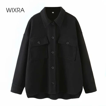 Wixra Womens Solid Uldne Skjorte, Jakke, Frakke Damer Lommer Tyk Skrue Ned Krave Casual Kvindelige Overtøj
