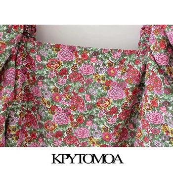 KPYTOMOA Kvinder 2020 Chic Mode Med Foring Blomster Print Mini Kjole Vintage Puff Ærmer Lynlås i Ryggen Kvindelige Kjoler Vestidos