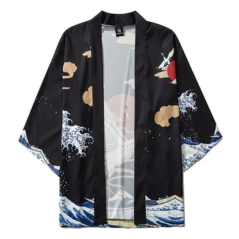 Japansk Kimono Jakker Kran &Store Bølge Trykt 2020 Mænd Harajuku Casual Streetwear Tynd Kjole Japan Style Løs Shirts