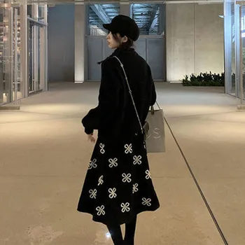 Japansk Elastisk Høj Talje Lange Nederdele Kvinder Kløver Blomster i Strik, Nederdele Efterår og Vinter A-linje Midi-Nederdele til Kvinder Streetwear