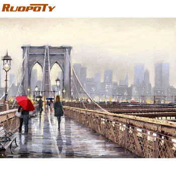 RUOPOTY Ramme Bridge City DIY-Maleri Af Numre Moderne Kunst på væggene Kalligrafi Akryl Maleri Farvelægning Af Nummer Til Hjemmet Indretning