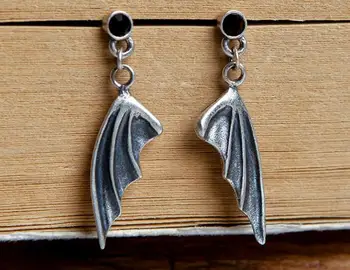 Gothic Steampunk Stil Ægte Antikke 925 Sterling Sølv Vintage Bat Fjer Dråbe Øreringe For Kvinders Smykker Allergivenligt