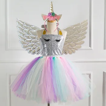 Hot Wings Farverige Pailletter Mesh Prinsesse Kjoler Piger, Tøj Sæt Søde Unicorn Dress+Fløj 2stk Mode Pige Tøj Sæt