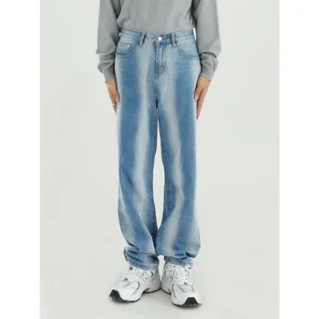 Mandlige Streetwear Vintage Mode Hip Hop Bred Ben Denim Bukser Til Mænd Blegemiddel Gradient Casual Løs Lige Jeans Bukser