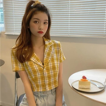 Bluser Til Kvinder 7 Smarte Farver Koreanske Plaid Sommeren Preppy Piger Afgrøde Top Nyeste Slanke Casual Street Dejlige Nye Mode Mænds Shirts