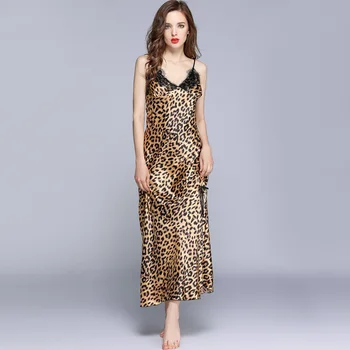 Sexet Leopard Print Lang Nightdress For Kvinder Spaghetti-Stropper Natkjole Nattøj Damer Silkeblød Lace Dress Natkjole Homewear