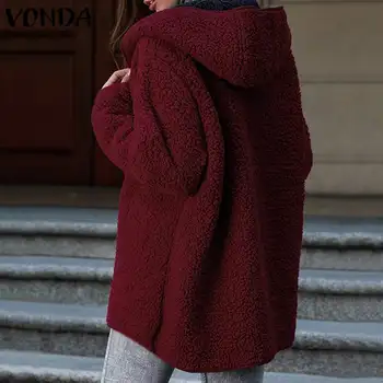 VONDA 2021 Efteråret Casual Faux Pels Hætteklædte Vinter Frakke Jakker langærmet Tyk Fleece Cardigan Plus Size Kvinder Overtøj