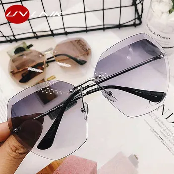 UVLAIK Uindfattede Diamant Kvinders Solbriller Brand Designer Nuancer Rammeløse solbriller til Kvinder Oversize Briller Spejl