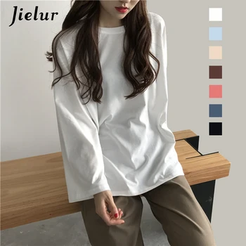 Jielur Tshirt 7 Solid Farve Harajuku T-Shirt Kvinder Flare Ærmet Grundlæggende koreanske Top Femme langærmet Hvid T-shirt Ropa Mujer