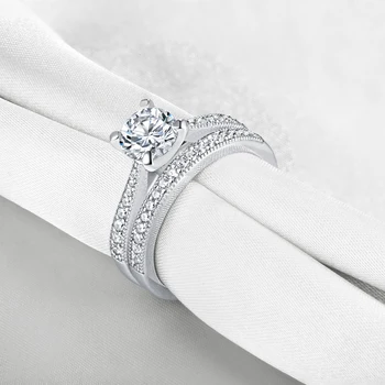 Newshe Massiv 925 Sterling Sølv Evighed Bryllup forlovelsesringe For Kvinder Brude-Sæt Runde Cut AAA Zircons Klassiske Smykker