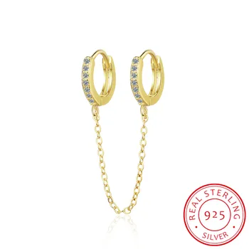 925 sterling sølv dobbelt mini lille Huggie hoop med kvast kæde ørering til 2 piercing mode kvinder smykker