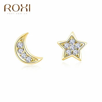 ROXI 925 Sterling Sølv Stud Øreringe til Kvinder Smykker Mode Lille Asymmetrisk Moon Star Øreringe Enkel Cubic Zirconia Øreringe