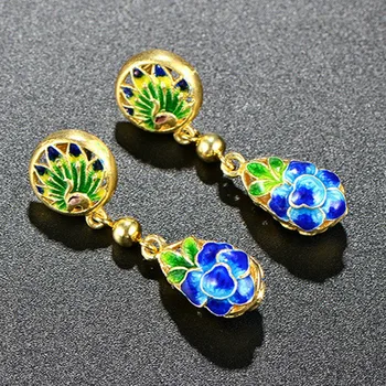 BOCAI Nye s925 rent sølv forgyldte øreringe lotus emalje ristede blå øreringe til kvinder