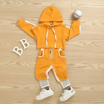 0-24M lille Barn Spædbarn Baby Piger Sport Tøj Sæt Solid langærmet Pullover Hood Afgrøde, Toppe, Bukser Træningsdragt Outfit