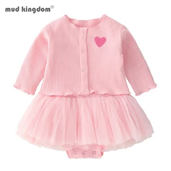 Mudkingdom Baby Pige Sæt 2stk Solid Ribbede Romper Tutu Mesh-Kjole langærmet Cardigan i Søde Outfits
