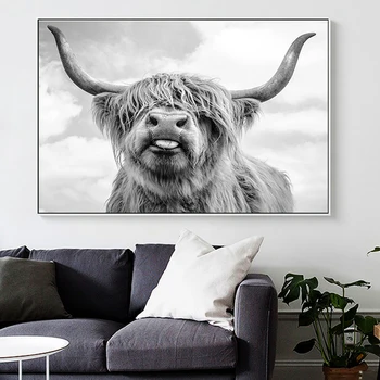 Black og White Highland Ko Abstrakt Lærred Maleri Væg Kunst Plakat Minimalistisk Shaggy Yak Ko Udskriver Dyre-Printable Bull