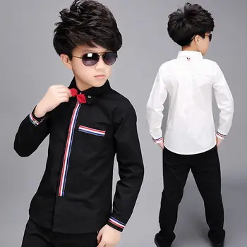 Teenage Drenge Shirts Foråret Bomuld Solid langærmet Skjorte Kids White&Black Toppe Teenager Skole Bue Tøj 6 10 13 16 boy tøj