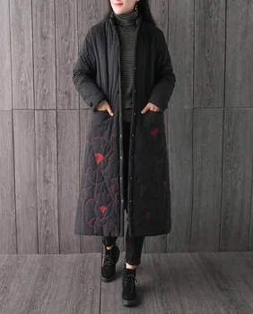 2018 kvindelige vinter outwear design lange frakke Nye Vintage jaquardvævet bomuld polstret tøj, tykke overfrakke med blomster