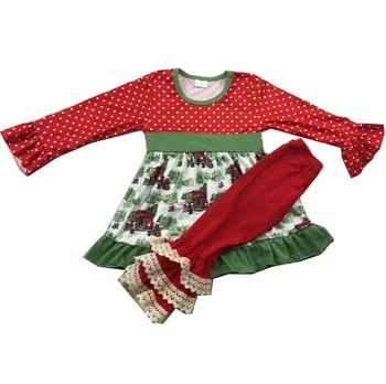 Julen design med lange ærmer lace kjoler med lastbil mønster boutique-sæt