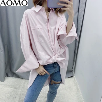 AOMO blusas mujer de moda 2020 overdimensionerede retro pink bluse koreansk stil, med lange ærmer, lommer kvindelige ryg-shirt blusas BE355A