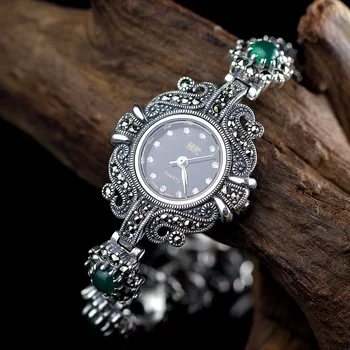 S925 rent sølv smykker dame fint med grøn agat Fashion Armbånd Ur
