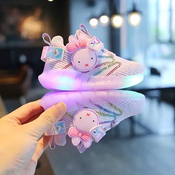 Spring Piger Sport Glødende Sko, Non-slip Cute Bunny Prinsesse Mønster LED-Lys Åndbar Baby Pige Chunky Sko Sneakers